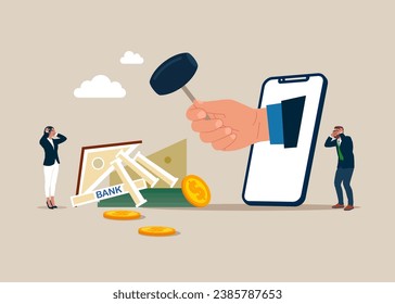 Hand with sledgehammer stepping out of the mobile phone screen holding and breaks bank department. Global economic money problem, Bankruptcy unpaid loan debt. Vector illustration. 