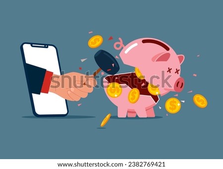 Hand with sledgehammer stepping out of the mobile phone screen holding and break pink piggy bank to find money. Crisis management. Vector illustration. 