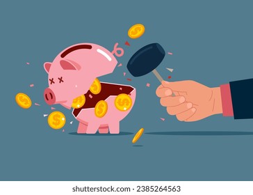 Hand with sledgehammers about to break pink piggy bank to find money. Vector illustration.