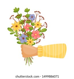 Hand in a sleeve holds a bouquet of flowers and leaves. Vector illustration on a white background.