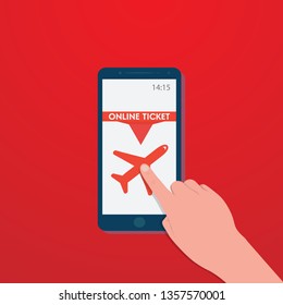 Hand slide smartphone with airplane icon on red screen, buy travel ticket, vector, illustration, eps file