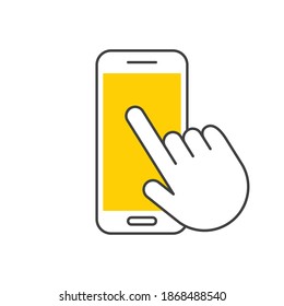 La mano se desliza en el teléfono inteligente. Icono lineal. Teléfono móvil con dedo tocando la pantalla, ilustración vectorial.