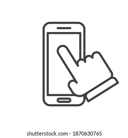 Hand sliding on smart phone. Linear icon. Cellphone with finger touching the screen, vector illustration.
