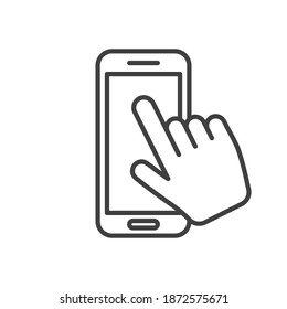 Hand sliding on smart phone. Linear icon. Cellphone with finger touching the screen, vector illustration.