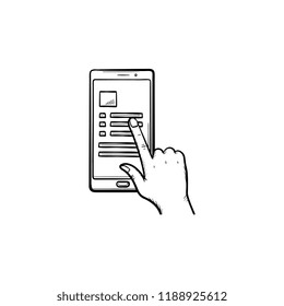 Hand sliding smartphone with list hand drawn outline doodle icon. Contacts list and chat, display concept. Vector sketch illustration for print, web, mobile and infographics on white background.