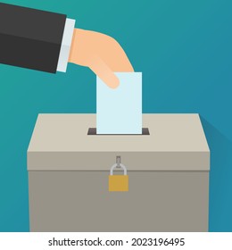 A hand slips a ballot paper into a ballot box closed with a padlock on a blue background (flat design)