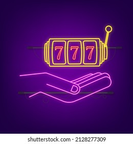 Hand and Slot machine with lucky sevens jackpot neon icon. Vector stock illustration.