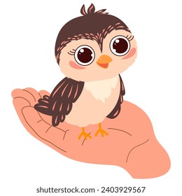 A hand with a small bird sitting on the palm. Cute bird with raised head. Cartoon vector illustration isolated. Sticker, symbol, icon for your design. White background