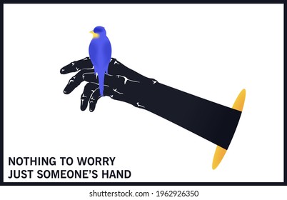 Hand with a small blue bird. Black and white minimal illustration. Vector design elements  