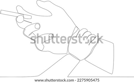 The hand of a small child forbids his father to smoke. No tobacco day one line drawing