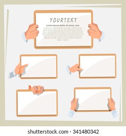 hand of smart man holding blank paper. collection, show and presenting - vector illustration