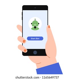 Hand with the smart phone and chat bot on the screen. The chat bot vector design illustration. Modern flat style. Chat bot icon . UI UX element for web design. 