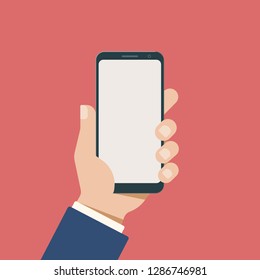 Hand with smart phone. Flat style icon. Vector illustration.