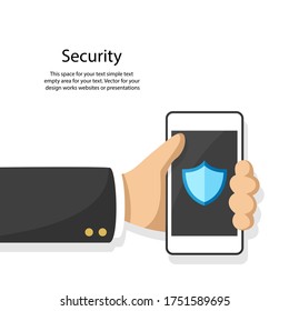 Hand with smart phone with shield simple flat style isolated on white. business concept vector for your design work, presentation, website or others.