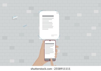 Hand with smart phone takes photo of document stuck on wall