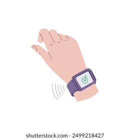 Hand with smart watch approved payment icon. Contactless payment wireless system, online banking technology. Vector flat illustration isolated. Business payment success financial transaction