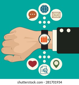 Hand with smart watch concept with icons in flat design. Vector illustration, color