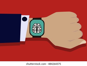 A Hand with a Smart Watch Displaying a Brain.