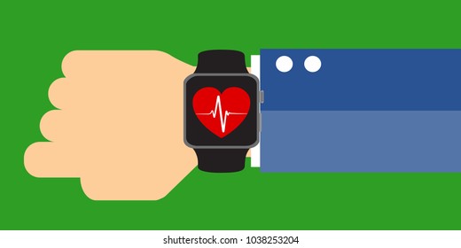 Hand with a smart watch displaying a heart beat sign. Measuring heart rate, Smart phone, Smar twatch application – stock vector