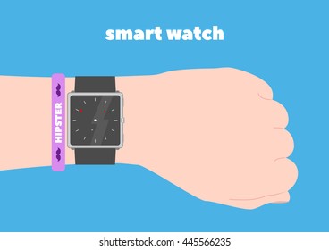 Hand and smart watch. Hand hipster. Flat design.