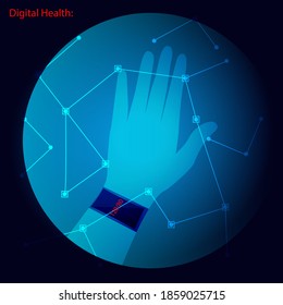 Hand, smart watch. Illustration, vector. Digital Health. Modern and future technologies. Mobile app. Medical banner, web design, presentation.