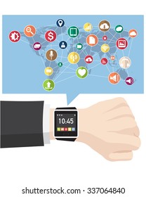 Hand with smart watch interface for technology and business concept, Vector Illustration EPS 10.