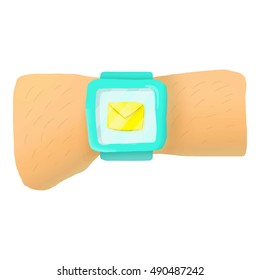 Hand with smart watch and message icon in cartoon style isolated on white background. Communication symbol vector illustration