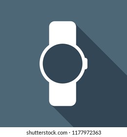 Hand smart watch with round display. Technology icon. White flat icon with long shadow on background