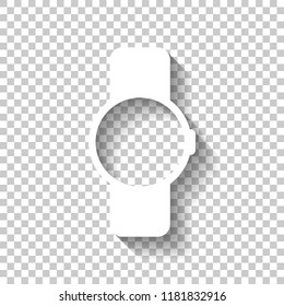 Hand smart watch with round display. Technology icon. White icon with shadow on transparent background