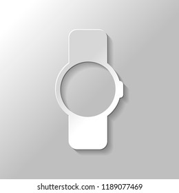 Hand smart watch with round display. Technology icon. Paper style with shadow on gray background