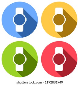 Hand smart watch with round display. Technology icon. Set of white icons with long shadow on blue, orange, green and red colored circles. Sticker style