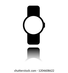 Hand smart watch with round display. Technology icon. Black icon with mirror reflection on white background