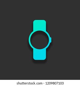 Hand smart watch with round display. Technology icon. Colorful logo concept with soft shadow on dark background. Icon color of azure ocean