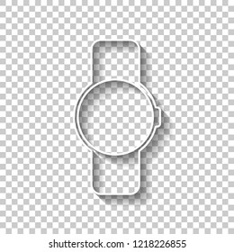 Hand smart watch with round display. Technology icon. White outline sign with shadow on transparent background