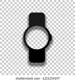 Hand smart watch with round display. Technology icon. Black glass icon with soft shadow on transparent background
