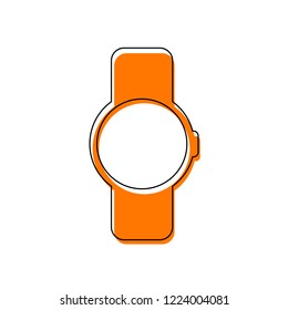 Hand smart watch with round display. Technology icon. Isolated icon consisting of black thin contour and orange moved filling on different layers. White background