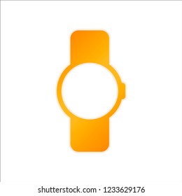 Hand smart watch with round display. Technology icon. Orange sign with low light on white background