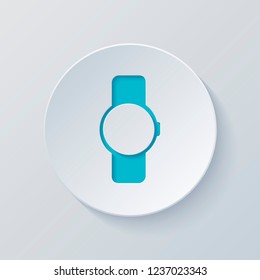 Hand smart watch with round display. Technology icon. Cut circle with gray and blue layers. Paper style