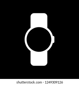Hand smart watch with round display. Technology icon. White icon on black background. Inversion