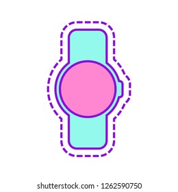 Hand smart watch with round display. Technology icon. Colored sketch with dotted border on white background