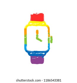 Hand smart watch with square display. Technology icon. Drawing sign with LGBT style, seven colors of rainbow (red, orange, yellow, green, blue, indigo, violet