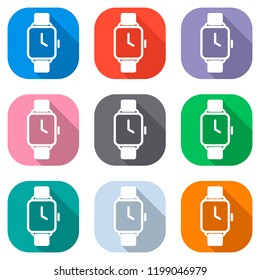 Hand smart watch with square display. Technology icon. Set of white icons on colored squares for applications. Seamless and pattern for poster