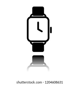 Hand smart watch with square display. Technology icon. Black icon with mirror reflection on white background