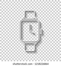 Hand smart watch with square display. Technology icon. White outline sign with shadow on transparent background