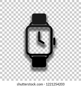 Hand smart watch with square display. Technology icon. Black glass icon with soft shadow on transparent background