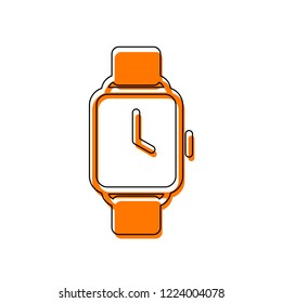 Hand smart watch with square display. Technology icon. Isolated icon consisting of black thin contour and orange moved filling on different layers. White background