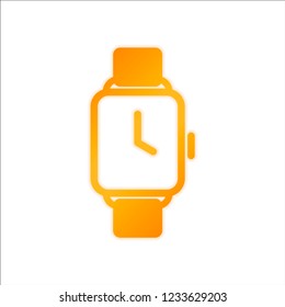 Hand smart watch with square display. Technology icon. Orange sign with low light on white background