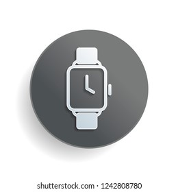 Hand smart watch with square display. Technology icon. White paper symbol on gray round button or badge with shadow
