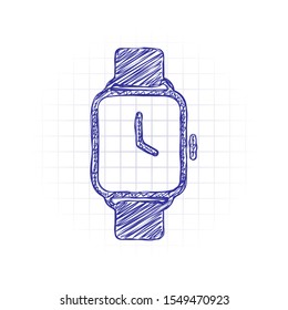 Hand smart watch with square display. Technology icon. Hand drawn sketched picture with scribble fill. Blue ink. Doodle on white background