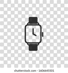 Hand smart watch with square display. Technology icon. Black symbol on transparency grid